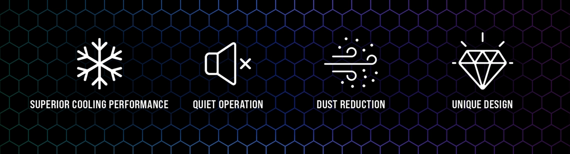 Superior PC cooling performance, Quiet PC operation, Dust-reduced PC use, Water cooling in a unique design